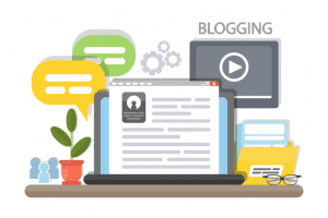 Blogging graphic with a laptop, video and chat bubbles