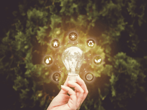 Hand holding a light bulb to promote sustainability 