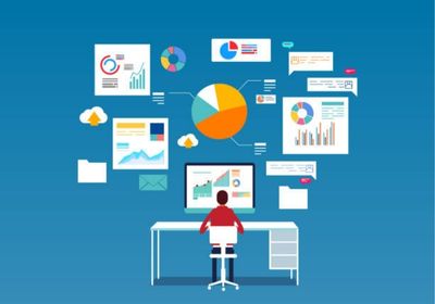 man sitting at desk infograph charts