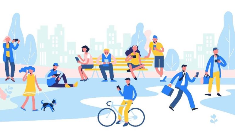 vector image of people using mobile devices throughout their day