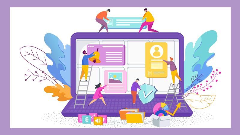 vector image of people walking around a giant laptop, building it