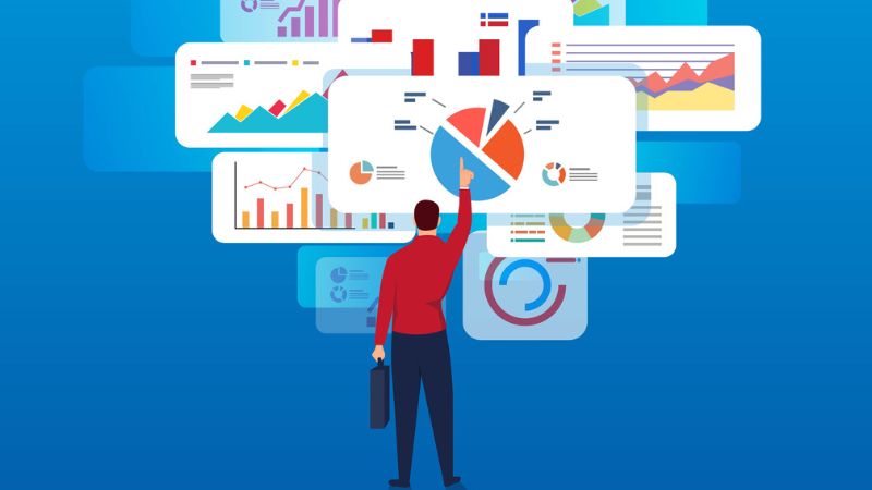 vector image of a man standing in front of charts and graphs 