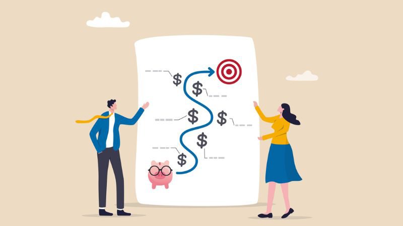 vector image of a man and woman looking a t a chart of a piggy bank and a path to a target