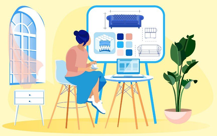 vector image of a woman sitting on a stool watching a product video