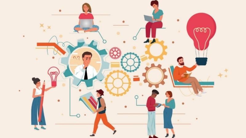 vector image of people working on different components of a plan