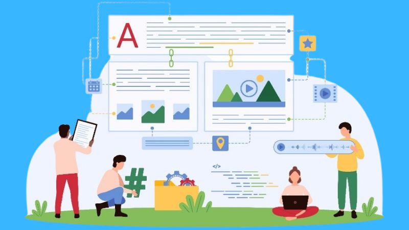 vector image of people writing content for a website
