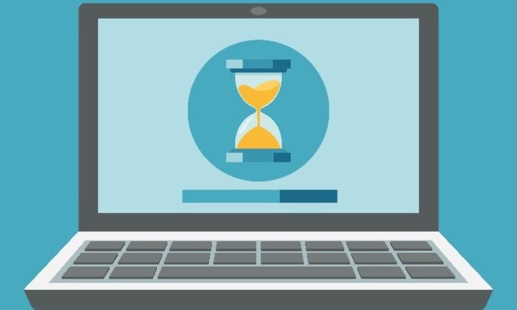  vector image of a laptop that has an image of an hourglass on its screen

