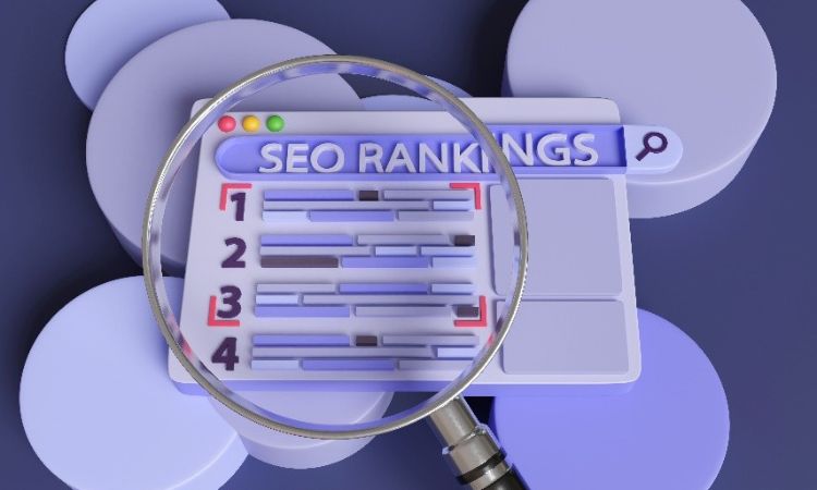 The image shows a magnifying glass over text that reads seo ranking
