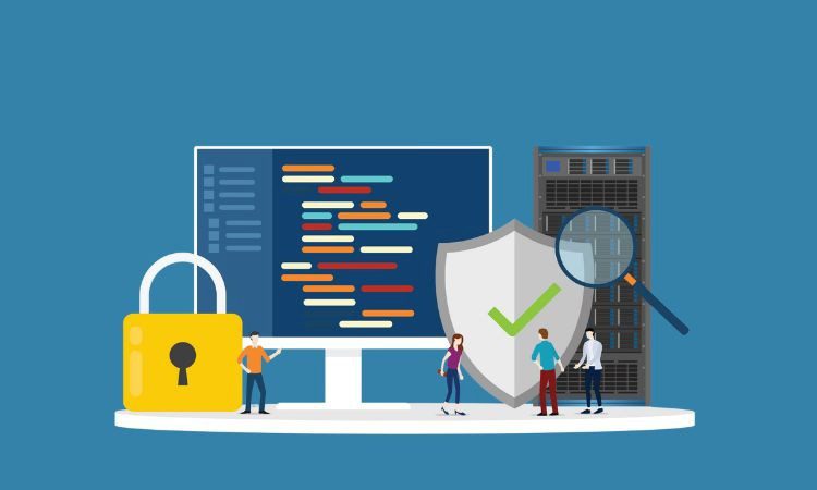 vector image of a computer monitor with a lock and a shield in front of it