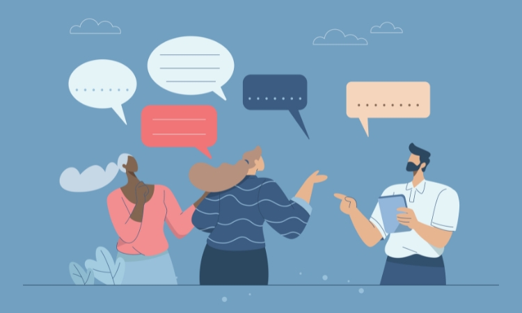 vector image of people conversing with thought bubbles over their heads 